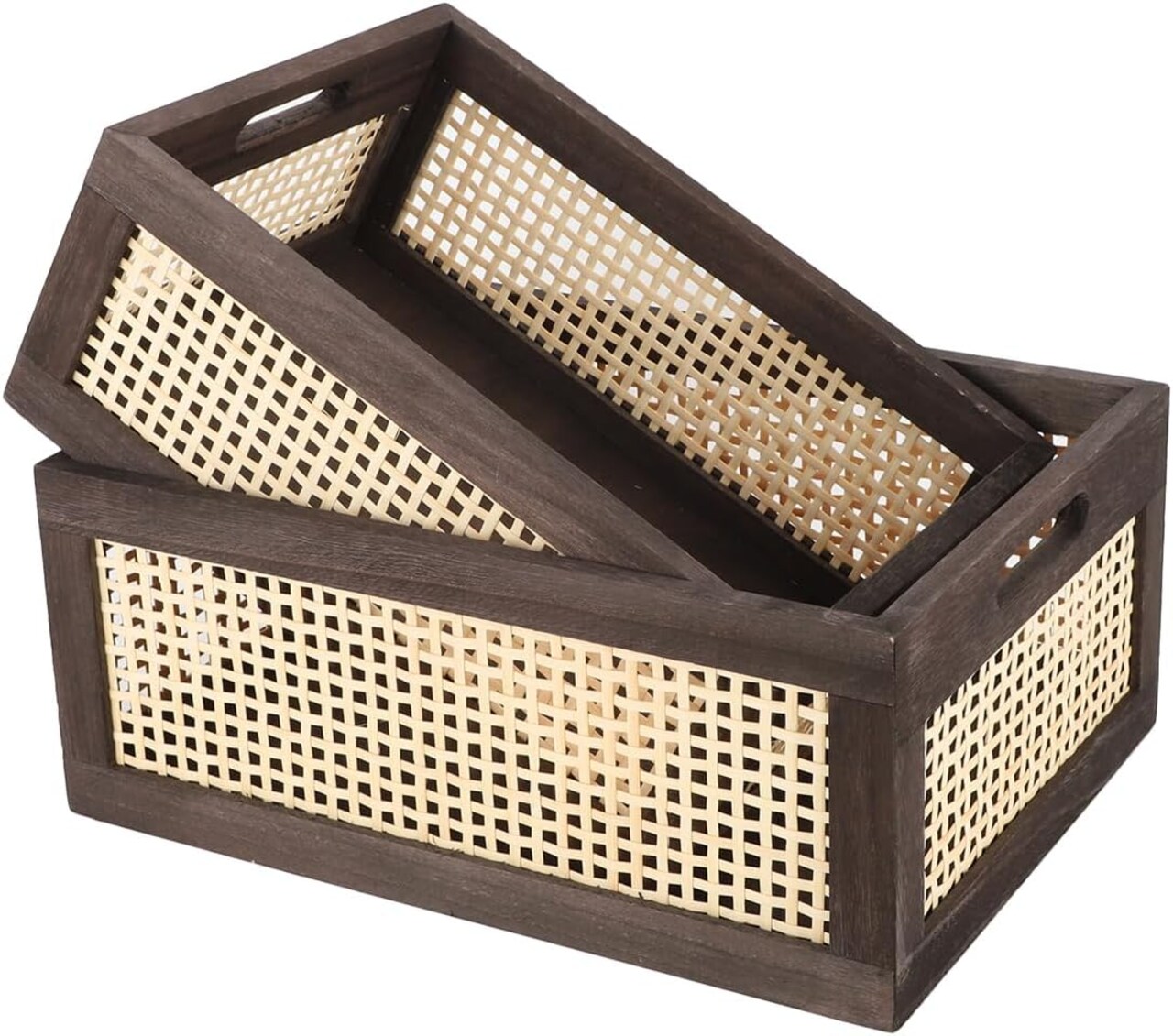 Rattan Storage Baskets, Wicker Storage Baskets for Shelves, Wooden Crate. (Brown-Set2)